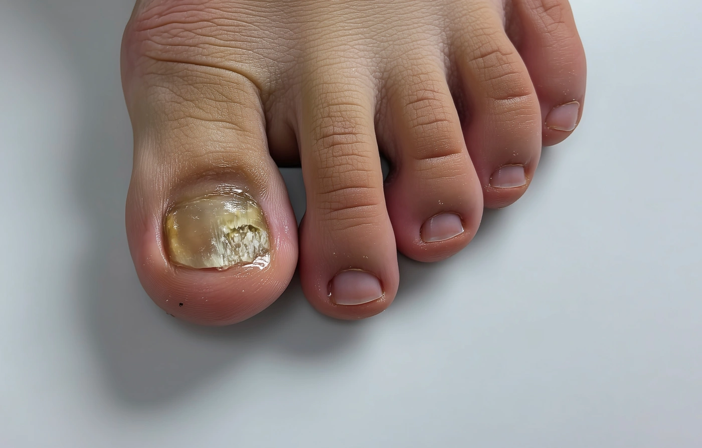 Toenail thickened and discoloured by fungal infection